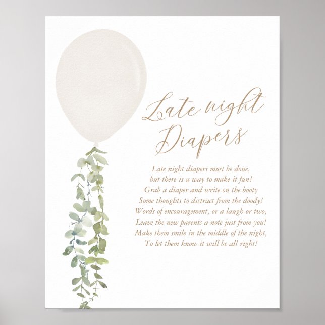 Späte Night Diapers White Balloon Baby Dusche Poster (Vorne)