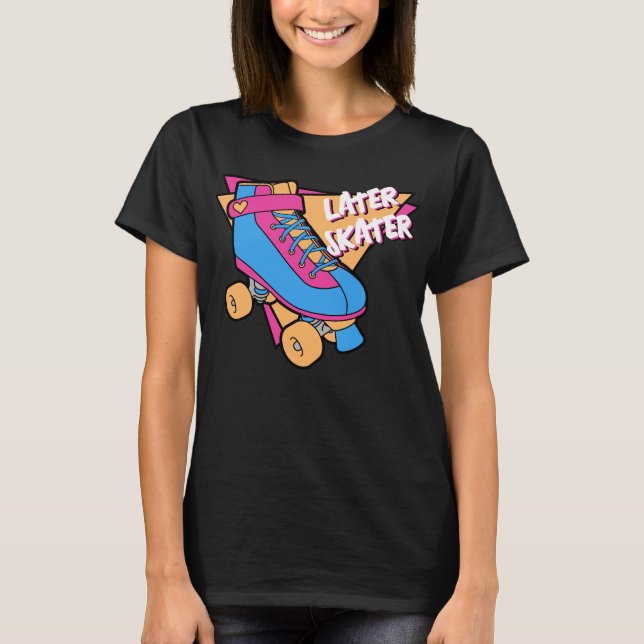 Später Skater Pink Blue 80er Cartoon Roller Skate T-Shirt (Vorderseite)