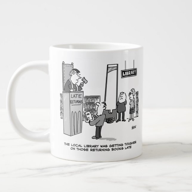Spätes Bibliothekbuch. Strenge Strafe für verspäte Jumbo-Tasse (Links)