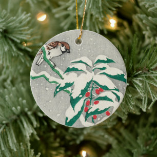 Spatz auf einem schneebedeckten Ast, Vintage Keramik Ornament