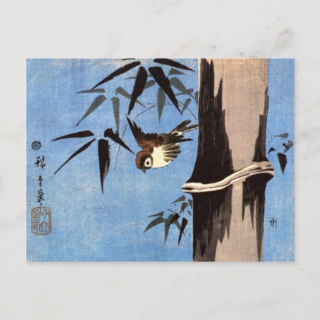 Spatz und Bambus, Ando Hiroshige Postkarte (Vorderseite)