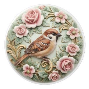 Spatz Vogel Vintage viktorianische rosa Rosen flor Keramikknauf