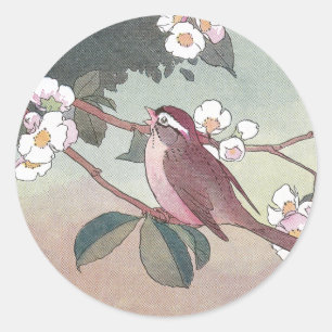 Spatz, wenn Apfelbaum geblüht wird Runder Aufkleber