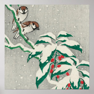 Spatzen auf schneebedecktem Beerenstrauch von Ohar Poster