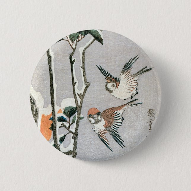 Spatzen und Kamelie im Schnee von Ando Hiroshige Button (Vorderseite)