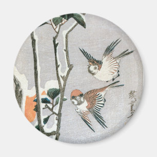 Spatzen und Kamelie im Schnee von Ando Hiroshige Magnet