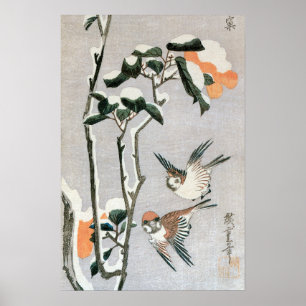 Spatzen und Kamelie im Schnee von Ando Hiroshige Poster