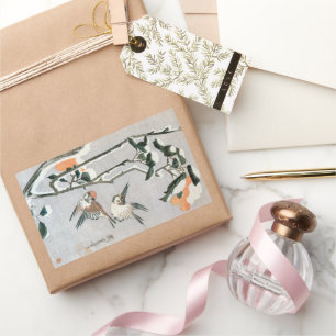 Spatzen und Kamelie im Schnee von Ando Hiroshige Rechteckiger Aufkleber