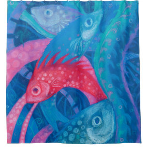 Spawnschen, Fisch Unterwasser Art Malerei Rosa Bla Duschvorhang