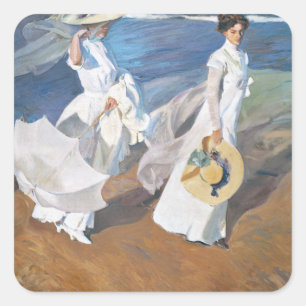 Spazieren Sie entlang der Küste, Joaquín Sorolla Quadratischer Aufkleber