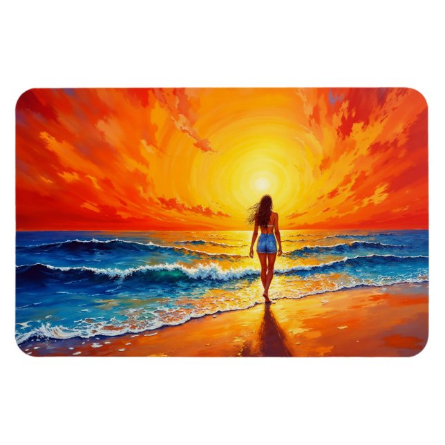 Spazierender Meeresstrand Warmlaufen Sonnenunterga Magnet (Horizontal)