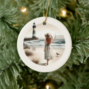 Spaziergang am Leuchtturm am Meer Keramik Ornament
