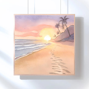 Spaziergang am Strand Ozean Aquarell Poster
