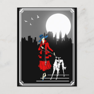 Spaziergang im Mondlicht Vintage Art Deco Dame Postkarte