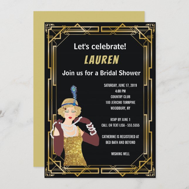 Speak Easy Flapper Art Deco Brautparty Einladung (Vorne/Hinten)