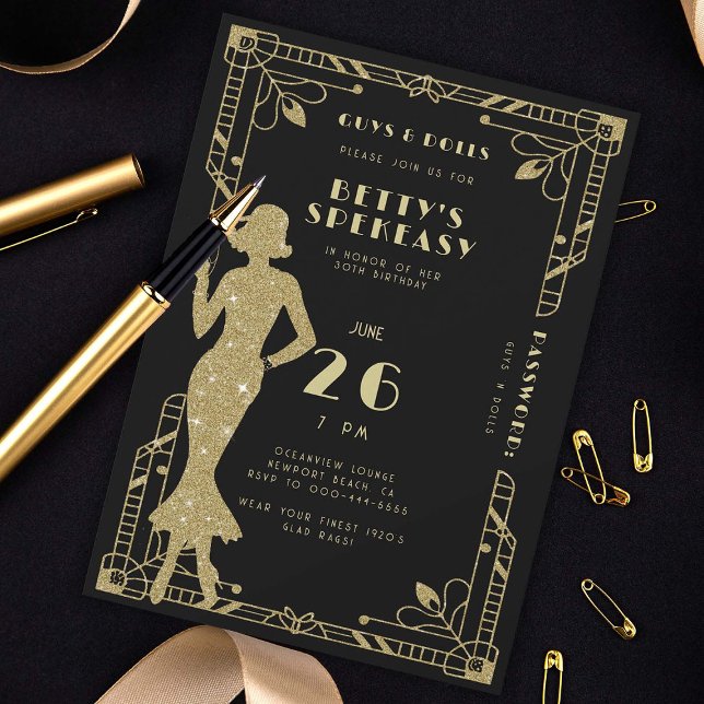 Speakeasy Flapper Roaring 20er Gatsby Gold Geburts Einladung (speakeasy gatsby roaring 20s birthday party invitation gold black deco nouveau frame flapper dance)