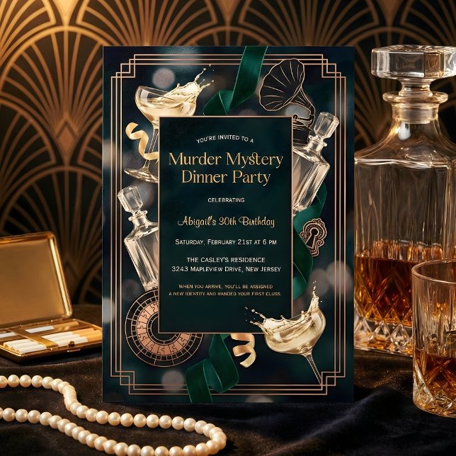Speakeasy Murder Mystery Dinner Birthday Party Einladung (Speakeasy Murder Mystery Birthday – Art Deco Black & Gold, Champagne, Personalized)