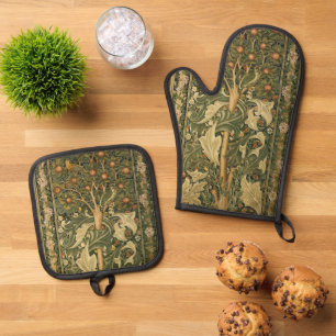 Specht von William Morris, Vintage Textilkunst Ofenhandschuh & Topflappen-Set