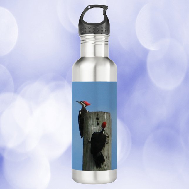Spechte auf einem Loch Edelstahlflasche (A water bottle with a photo of two woodpeckers on a pole)