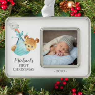 Special Delivery Bear Erstes Weihnachtsfest Foto Rahmen-Ornament Silber