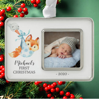 Special Delivery Fox Erstes Weihnachtsfest Foto Rahmen-Ornament Silber