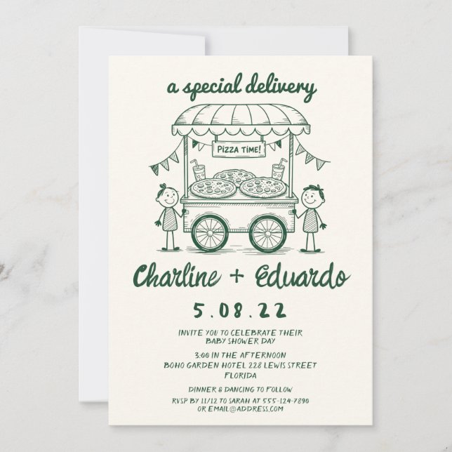 Special Delivery Pizza Doodle Baby Dusche Junge Einladung (Vorderseite)