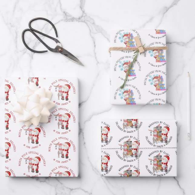Special Delivery Santa Briefmarke Set von 3 Geschenkpapier Set (Vorderseite)