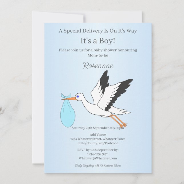 Special Delivery Stork Baby Boy Baby Shower Einladung (Vorderseite)