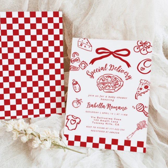 Special Delivery Whimsical Bow Pizza Baby Shower Einladung (Von Creator hochgeladen)