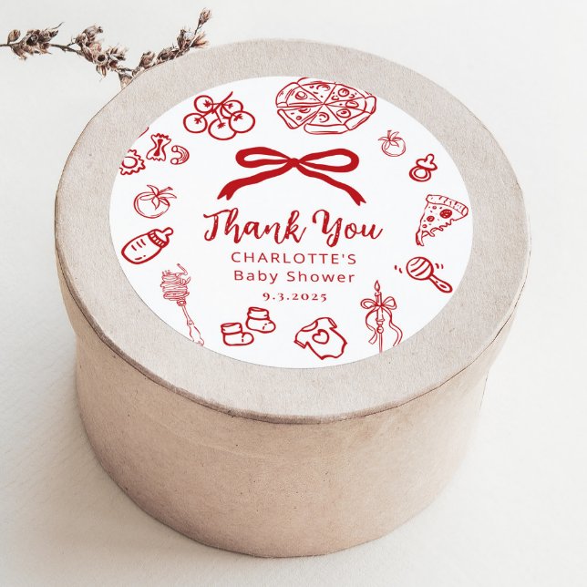 Special Delivery Whimsical Red Bow Baby Shower Runder Aufkleber (Von Creator hochgeladen)
