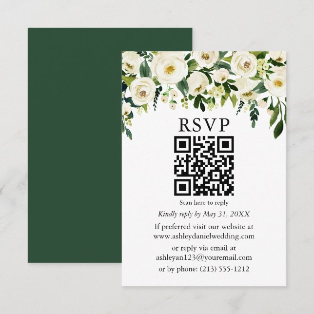 Special - Green White Floral QR Wedding RSVP Karte (Vorne/Hinten)
