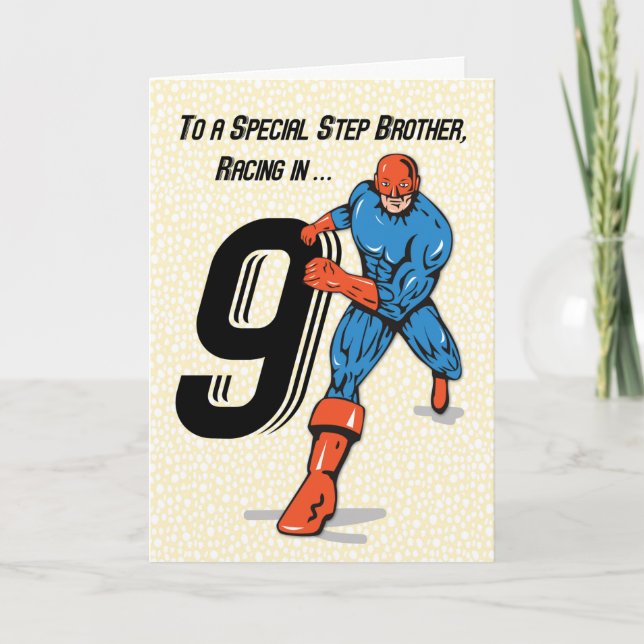 Special Step Brother 9th Birthday Superheld Karte (Vorderseite)