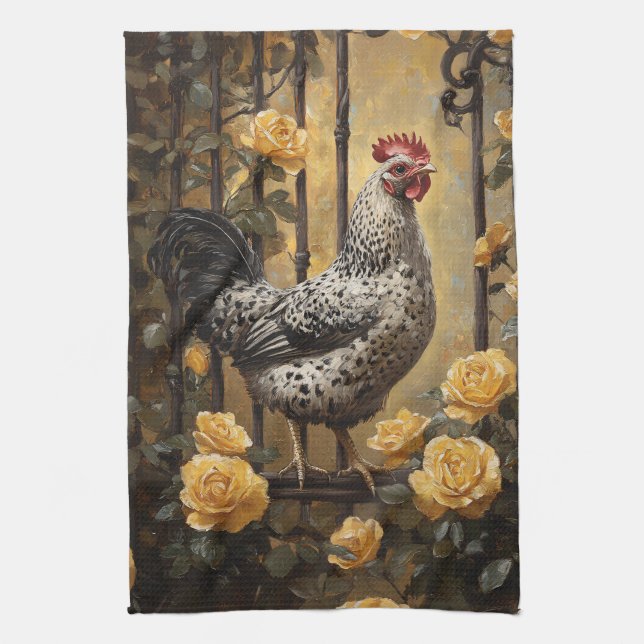 Speckled Hen with Yellow Roses Oil Painting Geschirrtuch (Vertikal)