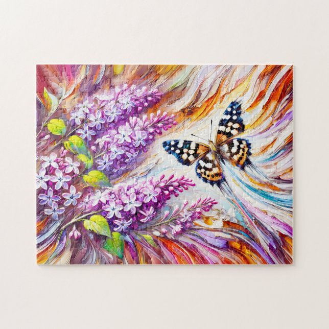 Speckled Wood Butterfly mit Lilac in Ölgemälden Puzzle (Horizontal)