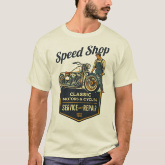Speed Shop – Classic Motors & Cycles Retro Garage T-Shirt