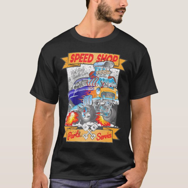 Speed Shop Hotrod Muscle Car Cartoon T-Shirt (Vorderseite)