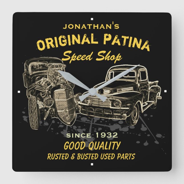 Speed Shop Jeder Name Original Patina Garage Funny Quadratische Wanduhr (Vorderseite)