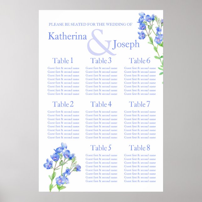 Speedwell Blue Wedding Table Planner 1-8 Poster (Vorne)