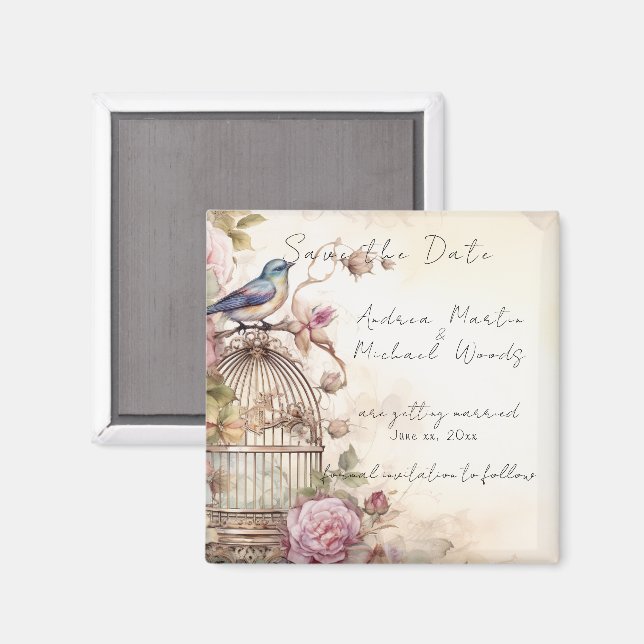 Speichern Sie das Datum Blaumeise rosa Rosen Magnet (Vorderseite/Rückseite)