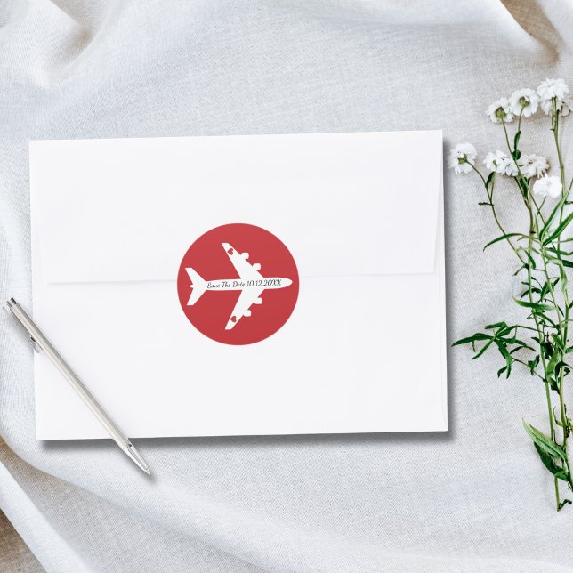 Speichern Sie das Datum Flugzeug Herzen Hochzeit B Runder Aufkleber (Von Creator hochgeladen)