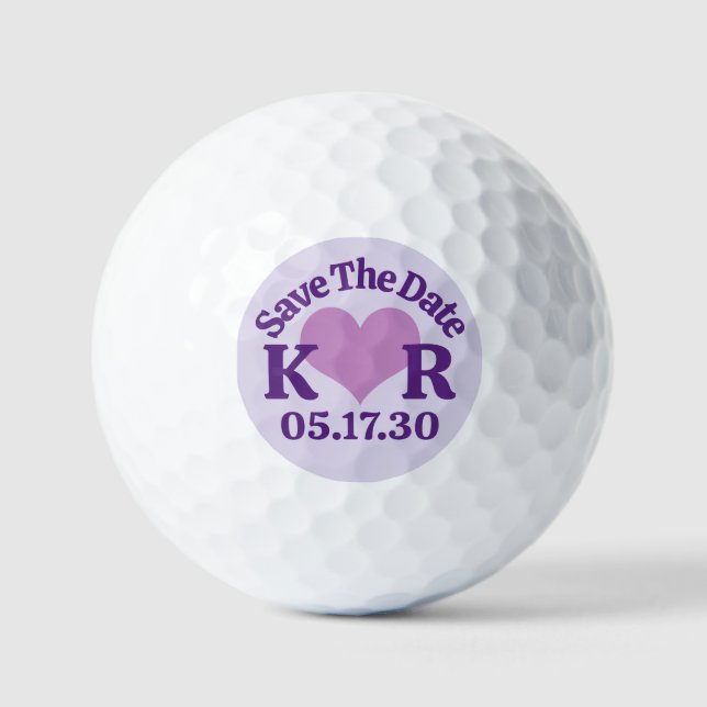 SPEICHERN SIE DAS DATUM Lila Herz und Monogramm-In Golfball (Vorderseite)