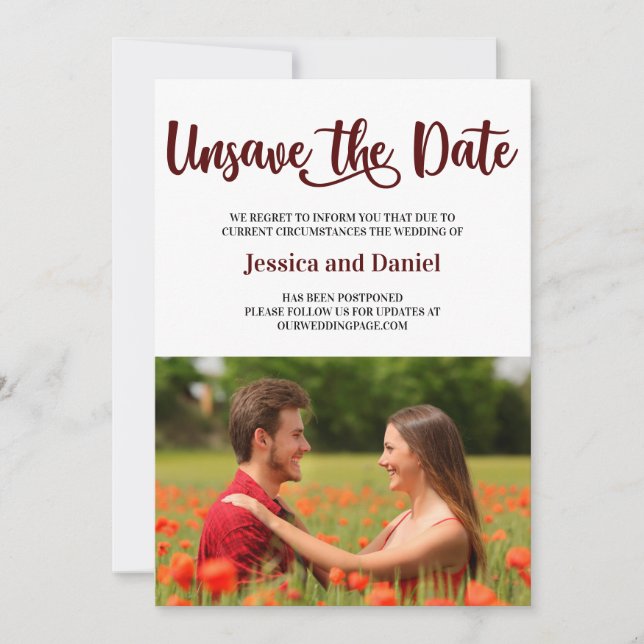 Speichern Sie das Datum mit Foto Postpone-Hochzeit Save The Date (Vorderseite)