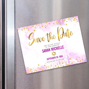 Speichert das Datum Bat Mitzvah Gold auf Pink Aqua Magneteinladung