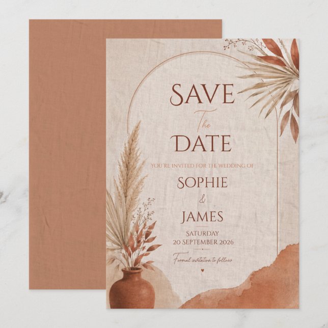 Speichert das Datum Boho Terrakotta Save The Date (Vorne/Hinten)