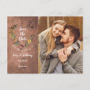 Speichert das Datum Florales Herz Rustikales Holz  Postkarte