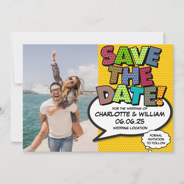 Speichert das Datum Foto-Spaß Retro-Comic-Book-Pop Save The Date (Vorderseite)