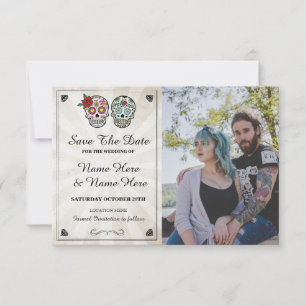 Speichert das Datum Rustikale Zucker Schädel Foto Save The Date