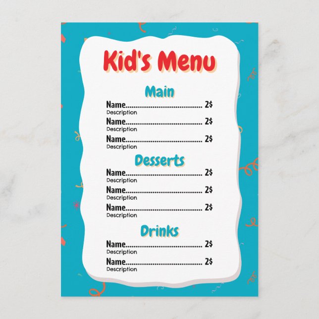 Speisekarte des Restaurants Kid Menükarte (Rückseite)