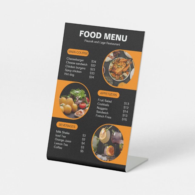 Speisekarte des Restaurants Orange und Black Bold Sockelschild (Vorderseite)