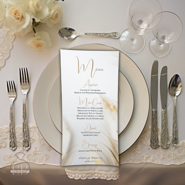 Speisekarte Elegante Bohemische Blumengoldpampas (Stunning elegant ivory and gold pampas  menu )